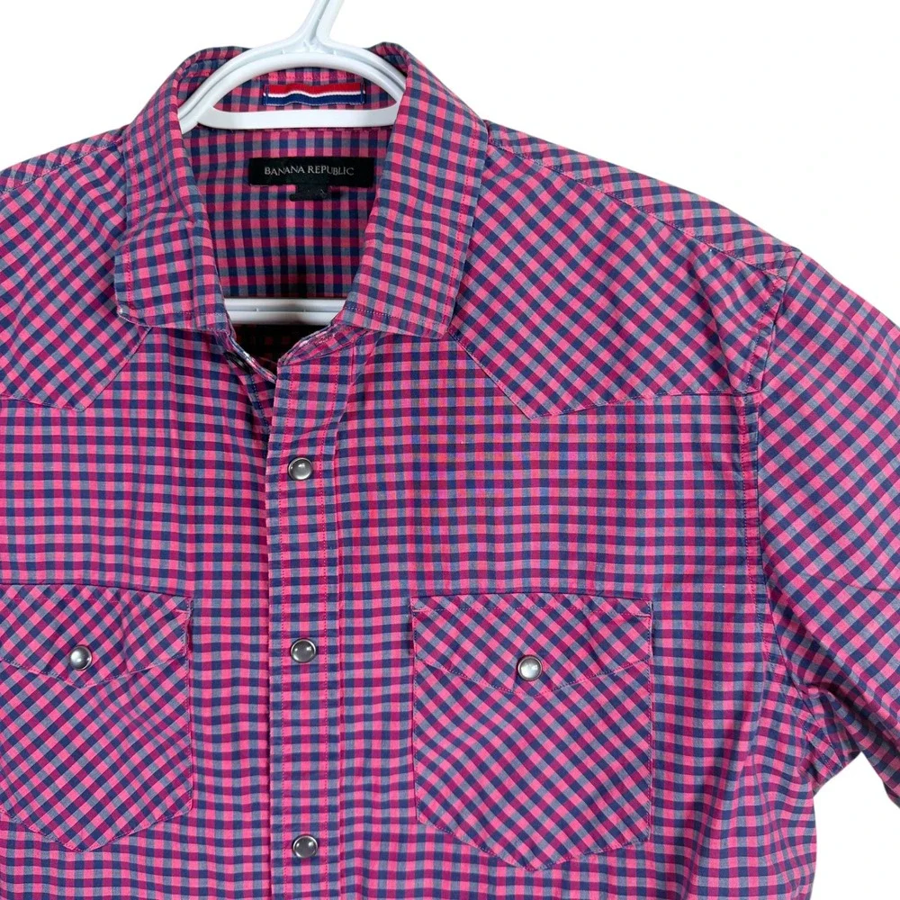 Banana Republic‎ Pearl Snap Western Shirt Mens M Pink Gingham Stretch S/S
